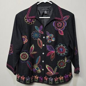 Vintage Y2K Floral Embroidered Shirt Top Large Black Silk Blend Boho Art To Wear